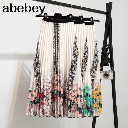 Fashion Brand Print Pleated Skirts Womens High Waist Strechy Cartoon Long Midi Skirt Female A-Line Falda Summer 2021 Jupe Femme