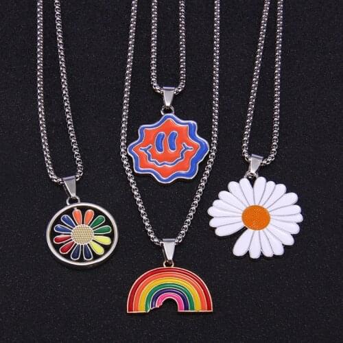 Fashion Simple Small Daisy Necklace Pendant New Trend Rainbow Colorful Drop Oil Craft Ins Style Jewelry