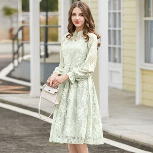Fashion improved cheongsam 2020 spring new style standing collar flare sleeve Goddess Dress woman lace dresses light green