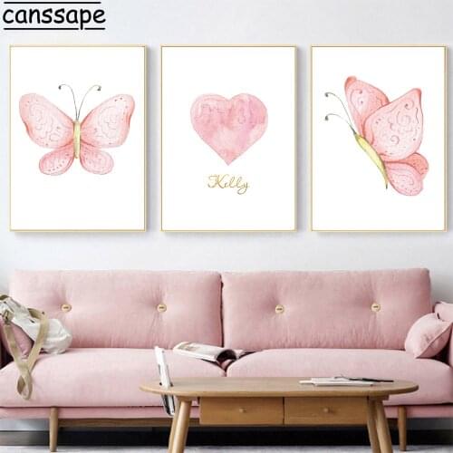 Pink Heart Butterfly Wall Art Print Custom Name Posters Nordic Canvas Painting Nursery Poster Wall Pictures Girl Baby Room Decor
