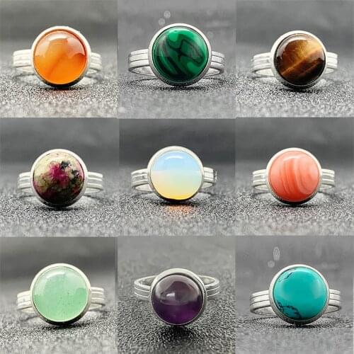 Natural Stone Open Rings for Women 10 mm Lapis Lazuli Malachite Opal Classical Rings for Lady Wedding Gifts for Girls Adjustable