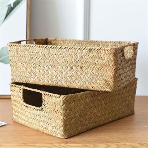 Hand-woven Storage Basket Grass Woven Rectangular Rattan Box Storage Basket Storage Container Sundries Organizer Home Decor