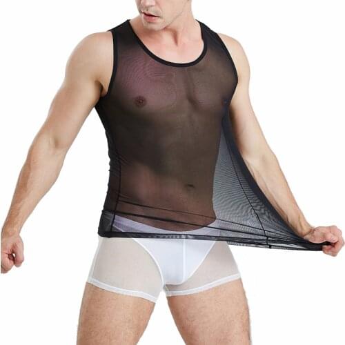Sexy Mens Undershirts Sleeveless Sheer Vests Fitness See Through Tops Underwear Ice Silk Boxer Shorts Underpants Men Clothes Set
