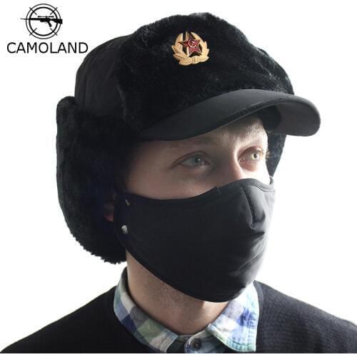 Soviet Army Military Badge Russia Ushanka Bomber Hats Pilot Trapper trooper Hat Winter Faux Rabbit Fur Earflap Men Snow Caps