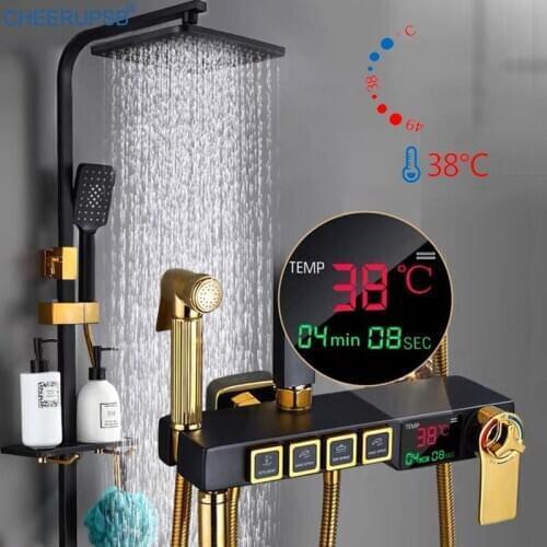 Thermostatic Shower Set Bathroom Wall Mount Black Faucet SPA Rain Fall Shower System Hot and Cold Mixer Bath Tap Digital Display