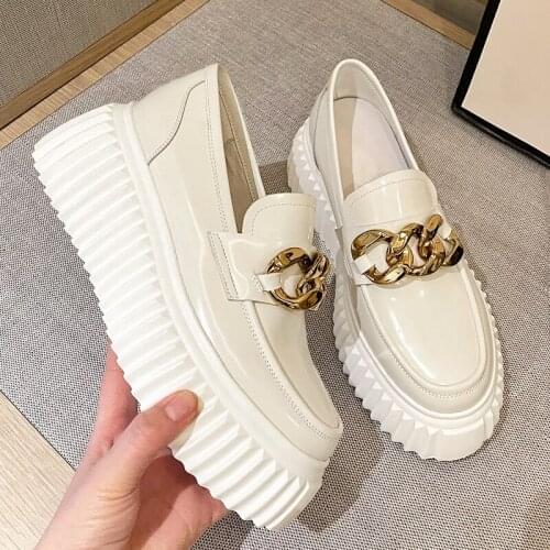 Metal Chain Thick Soled Loafers Shoes Women 2021 Autumn New Genuine Leather Single Shoe Flat Platform Casual Shoes Zapatos Mujer