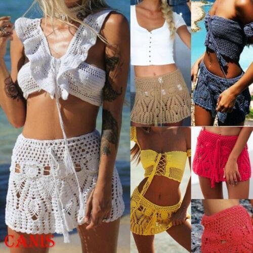Women Beach Weave Hand Crochet Sexy Bikini Cover Up Nets Skirt Mesh Tunic Pareo Beachwear High Waist Knitted Solid Skirts
