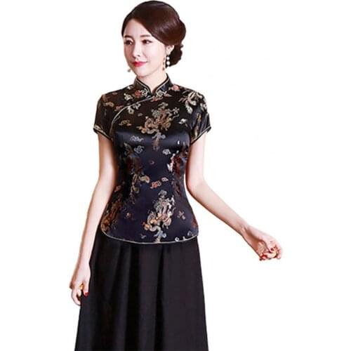 Women Cheongsam Shirt Dragon Phoenix Printing Chinese Style Summer Autumn Side Split Stand Collar Cheongsam Top for Banquet
