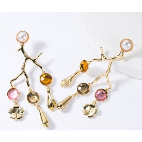 Jouval Exaggerated Hand Pearl Crystal Long Drop Earrings For Women Punk Gold Branch Tassel Dangle Earring Brinco Fashion Jewelry