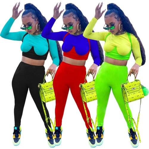 Fashion Color Block Patchwork Tracksuit Women Casual Sporty Fitness Long Sleeve Crop Top + Pants Suit Two Piece Set Outfits
