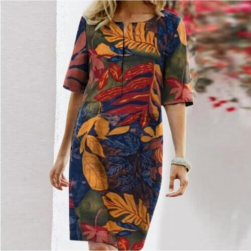 Autumn Cotton Linen Dress 2020 Spring Button O-Neck Printing Knee Party Dress Women Long Sleeve Dresses Plus Size 4XL