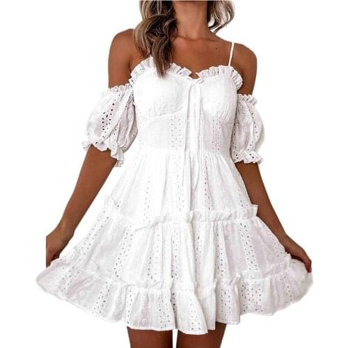 2021 Elegant White Pleated Women Lace Dress Sexy Spaghetti Strap Female Ruffle Cotton Dress Summer Beach Ladies Dress