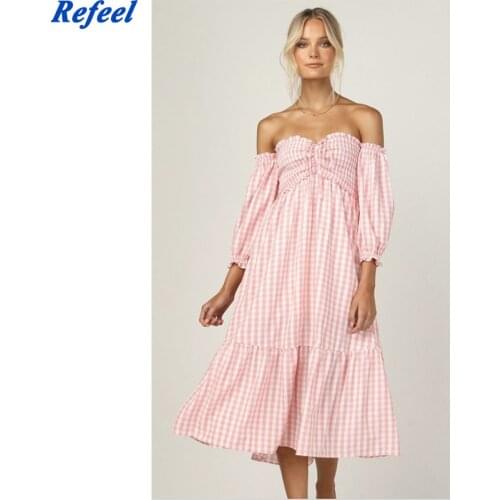 Women Pink Plaid Slash Neck A-line Summer Dress High Waist Bodycon Chic Lace Up Midi Dress For Party Holiday Femme Cloth