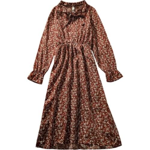 2021 Spring Autumn Womens Long Dress Vintage New Arrivals Female Floral Chiffon Dresses Oversize Vestido Lady Clothes Bow M74