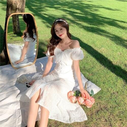 Sannian Bubble Short-sleeved Summer White Fishtail Dress 2021 New One-shoulder Waist Dress Women Clothes Ladies Party Dresses