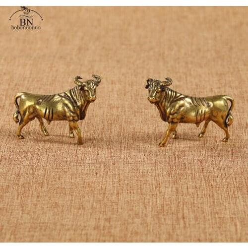 Pure Brass Zodiac Bull Miniature Animals Statue Handmade Home Decoration Ornaments Craft Copper Figurines Desk Decor Accessories