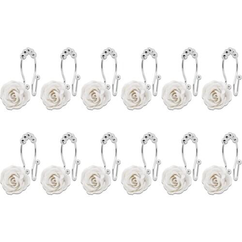 12Pcs Shower Curtain Hooks Double Sliding Rings Made Of Stainless Steel, Ring with Rose Resin, Bathroom Shower Rods