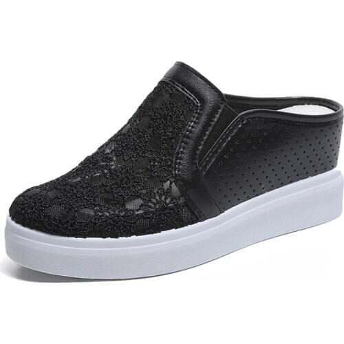 2019 Fashion 7CM Solid Slippers Pointed toe Hollow Polka Doa Mules Shoes Women High Wedges Flatform Summer Date Slides Women