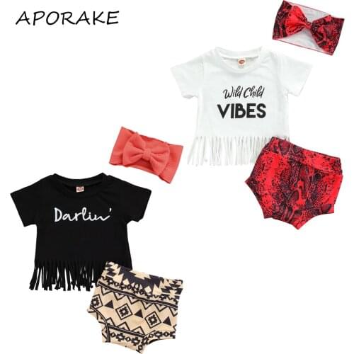 2021 0-24M Newborn Baby Summer Girl Clothing Short Sleeve Letter Print Tassel Tops+Snake/Geomertric Print Shorts+Headband 3pcs
