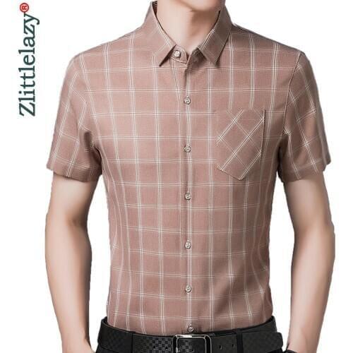 2020 Short Sleeve Men Social Shirt Summer Streetwear Casual Plaid Pocket Shirts Dress Mens Slim Regular Fit Clothes Fashions 273