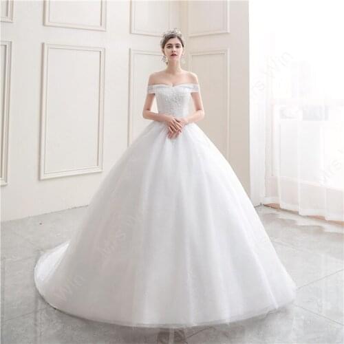 2021 New Light Wedding Dress Off The Shoulder Boat Neck Ball Gown Wedding Dress With Long Train Bride Dress Plus Size