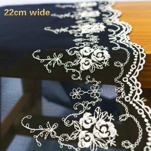 22cm Quality Black Chiffon Gold Embroidery Lace Fabric DIY Accessories Collar Skirt Trim Curtains Autumn Mesh Gauze Decoration