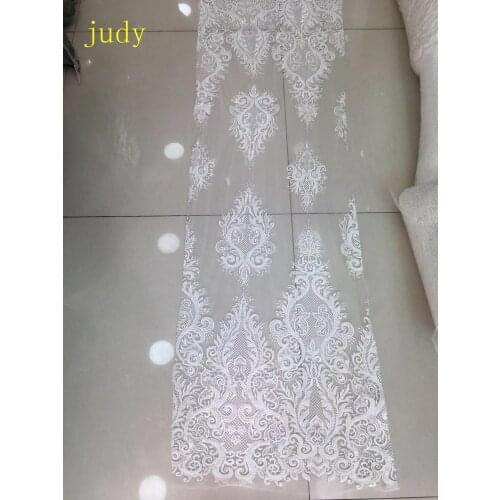 5yards White embroidery lace sequined beads fashionable European and American style fabric used for wedding dress design FH