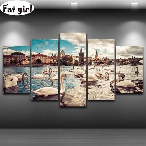 5D diy The beautiful swan lake in the city diamond painting Mosaic Cross stitch embroidery Cityscape Bridge Full square round