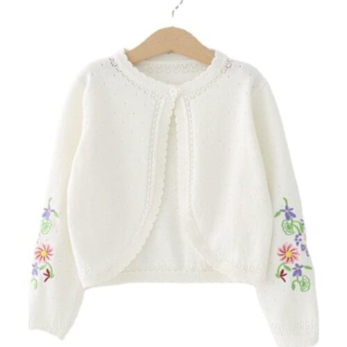 White Children Girls Cardigan Sweater Embroidery 100% Cotton Girls Jaket Coat 2 3 4 6 8 Years Old 2020 Kids Clothes RKC185005