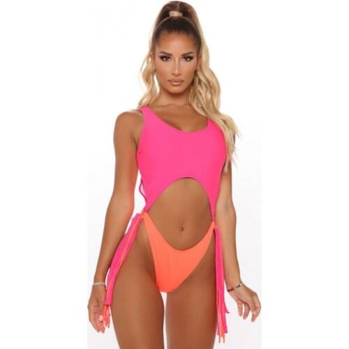 Brazilian One Piece Swimsuit String Monokini 2020 Sexy Neon Push Up Bikini Contrast Color Leotard Swimsuit