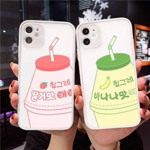 Strawberry Banana Milk Drink Phone Case For iPhone 12 11 Mini Pro XR XS Max 7 8 Plus X Matte transparent White Cover