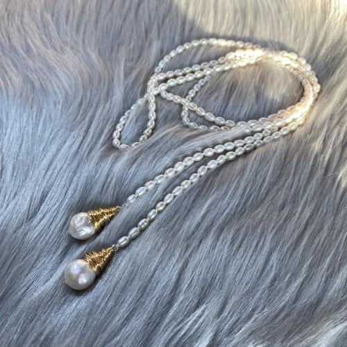 Long Natural Pearl Nechlace For Women Baroque Gold Plated Wire Double Pendant Luxury Fashion Vintage Jewelry Sweater Neck Chains