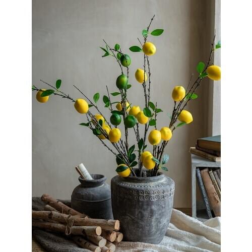Simulation Lemon Fruit Fake Flower Arrangement Yellow-green Lemon Long Branches and Leaves Living Room Model Room Decoration