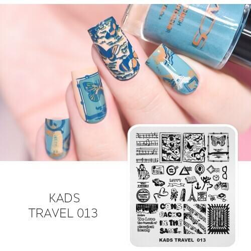 KADS Nail Art Stamping Plates Travel 013 Stainless Steel Stamp Plate Happy Music Butterfly Book Design Letter Printing Stencil