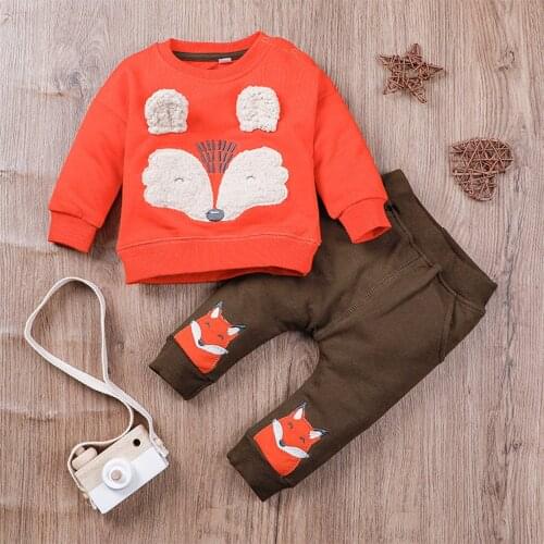 Cartoon Fox Printed Baby Girls Boys Clothes Set Winter Toddler Outfits Newborn Infant Long Sleeve Animal Sweatshirt Pants Sets