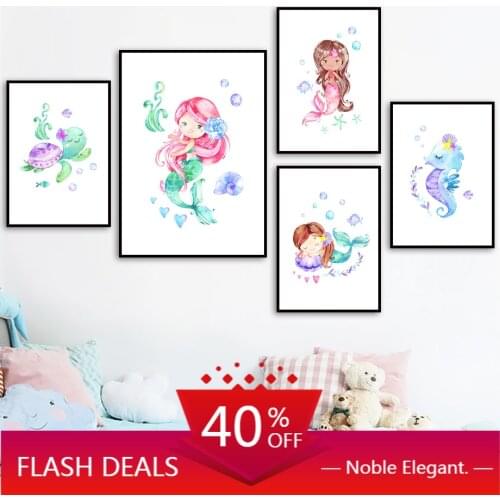Colorful Mermaid Turtle Seahorse Fish Wall Art Christmas Canvas Painting Nordic Poster And Prints Wall Baby Home Decoration Girl