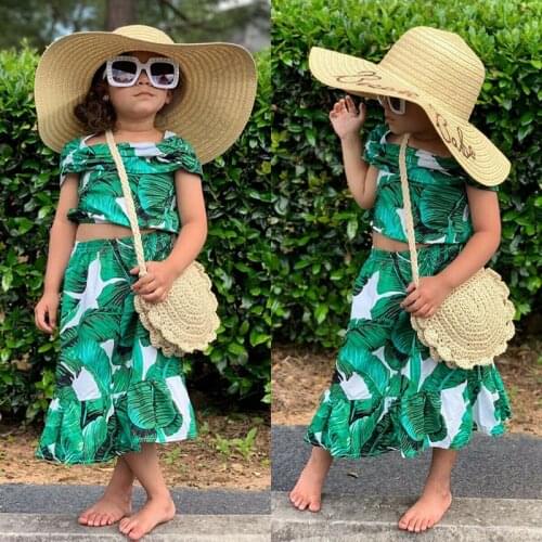 Summer Baby Girl T-shirt Sling Off-shoulder Tops+Long High Waist Print Skirts Casual Children Set Outfit Clothes