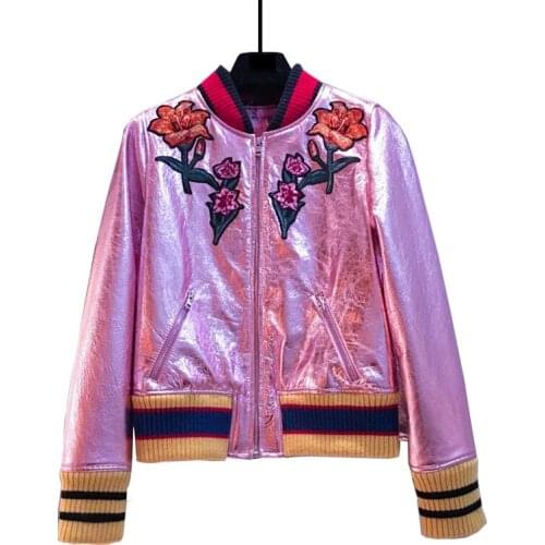High Fashion Ladies Casual Jacket O-Neck Long-Sleeved Zipper Contrast Pink Embroidered Luxury Motorcycle Jacket 2021 Winter