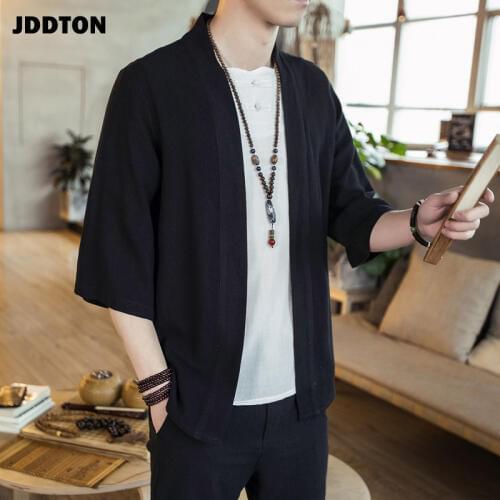 JDDTON Mens Cotton Kimono Fashion Loose Cardigan Solid Slim Outerwear Vintage Chinese Style Male Jackets Casual Overcoats JE125