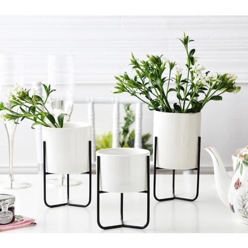 Set of 3pcs White Flower Planters with Gold Iron Shelf Succulent Plant Pot Fairy Garden Ceramic Flower Vase without Hole