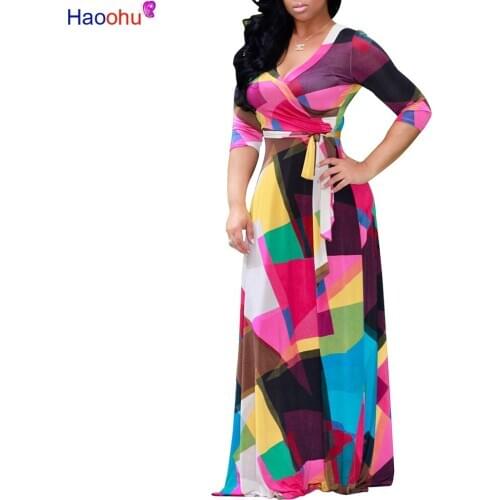 HAOOHU New Women Boho Dress Autumn V-Neck Maxi With Long Sleeve Patchwork Female Bodycon Vacation Lady Vestidos Plus Size