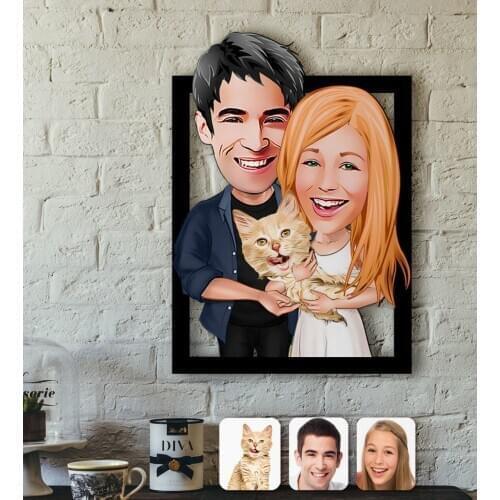 Personalized Pet Friendly Family Caricature OF 3D Wood Tablo-9
