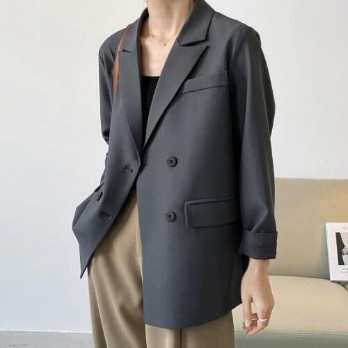 Blazer Women Black Casual Double-breasted Work Clothes Jacket Office Ladies Fashion Pockets Long-sleeved Blazer Top Womens