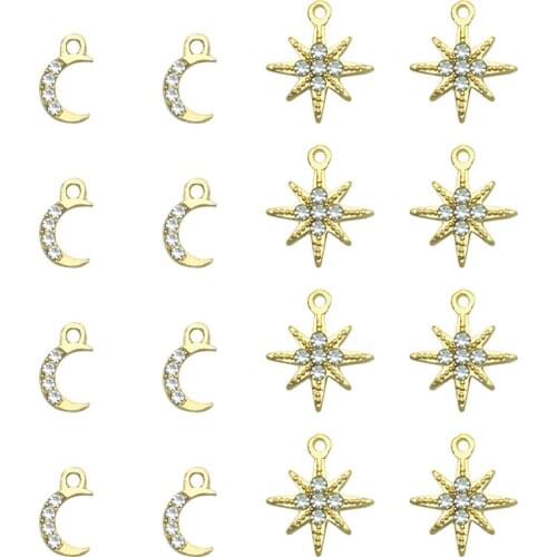 10Pcs/lot Mixed Mini Star Moon Gold Color Shiny Rhinestone Inlaid Charms Pendant For DIY Jewelry Making Earring Necklace Crafts