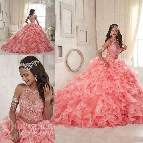 Luxury Beaded Two Piece Coral Quinceanera Dresses Organza Tiered Skirts Ruffles Jewel Neck Custom Made Sweet 16 Party Dresses