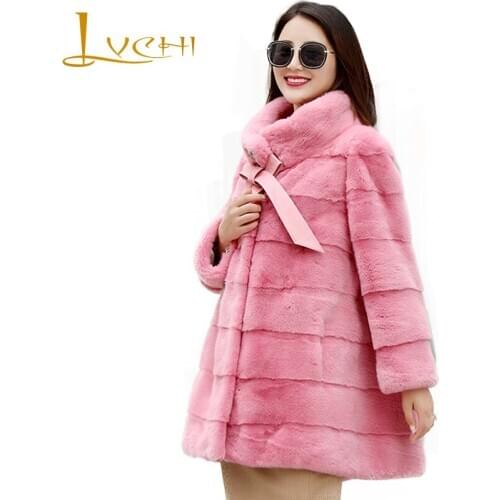 LVCHI Winter 2019 Natural Real Mink Fur Coat Womens Copenhagen imports Mink Coat Bow tie Pink Loss Draped Medium Mink Coats