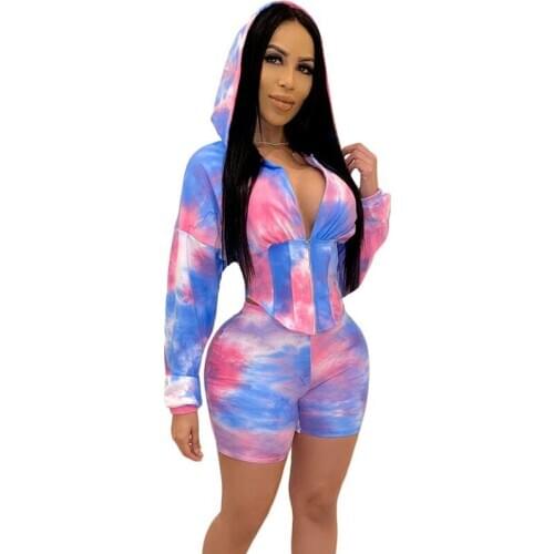 Tie Dye Print Two Piece Set Women Hoodies Corset Top and Shorts Sets for Women Tracksuit Active Wear Fitness 2 Piece Outfits