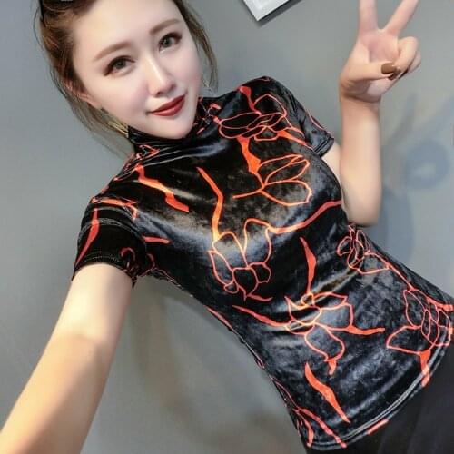 Flower Printing Velvet Pullovers Bottoming Shirt Autumn Winter Women Tops Vintage Turtleneck Female T-Shirt Plus Size Tee Shirt