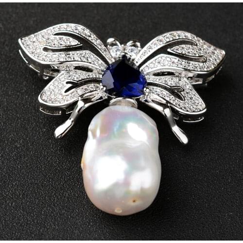 Womens Butterfly White Keshi Pearl Brooch