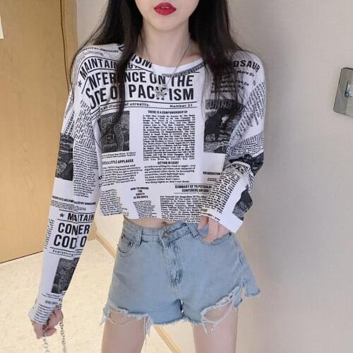 Short Net Red Korean Newspaper Printing Long-sleeved T-shirt Womens Autumn New Top Bottoming Shirt Tide